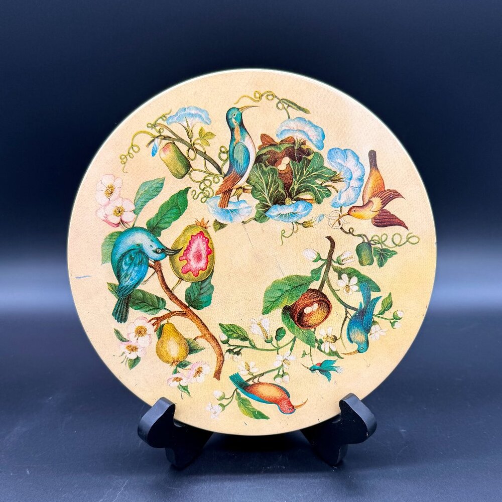 Vintage Mid Century Bird Motif  Trivet Hot Pad W/Cork Back Metal MCM 8" Diam.